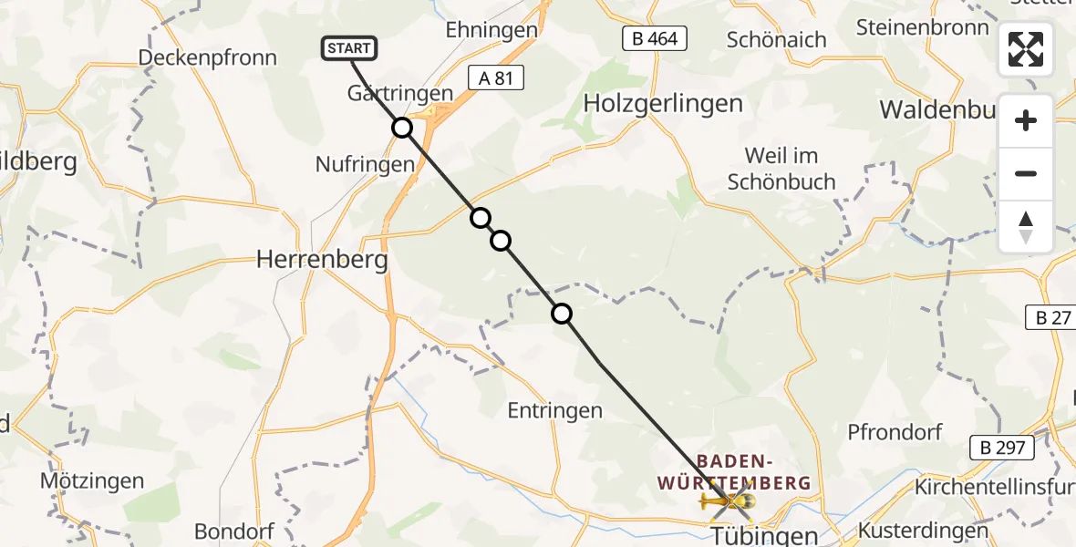 Flugroute Rettungshubschrauber Gärtringen - Tübingen University Hospital, 24 April 2026, 17:52