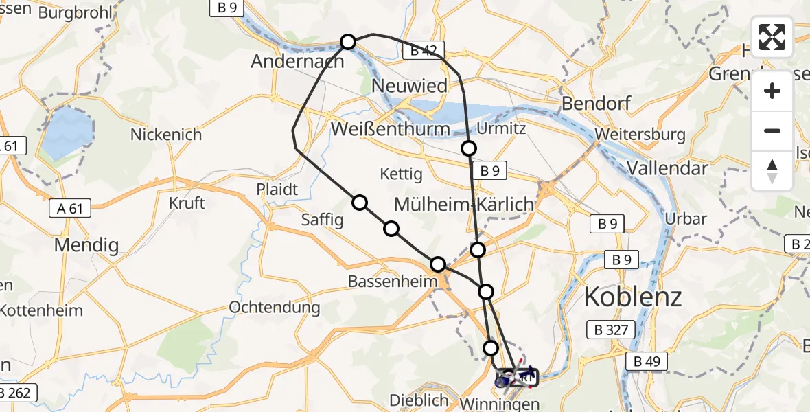 Flugroute Polizeihubschrauber Koblenz-Winningen Flugplatz - Koblenz-Winningen Flugplatz, 24 April 2026, 17:55