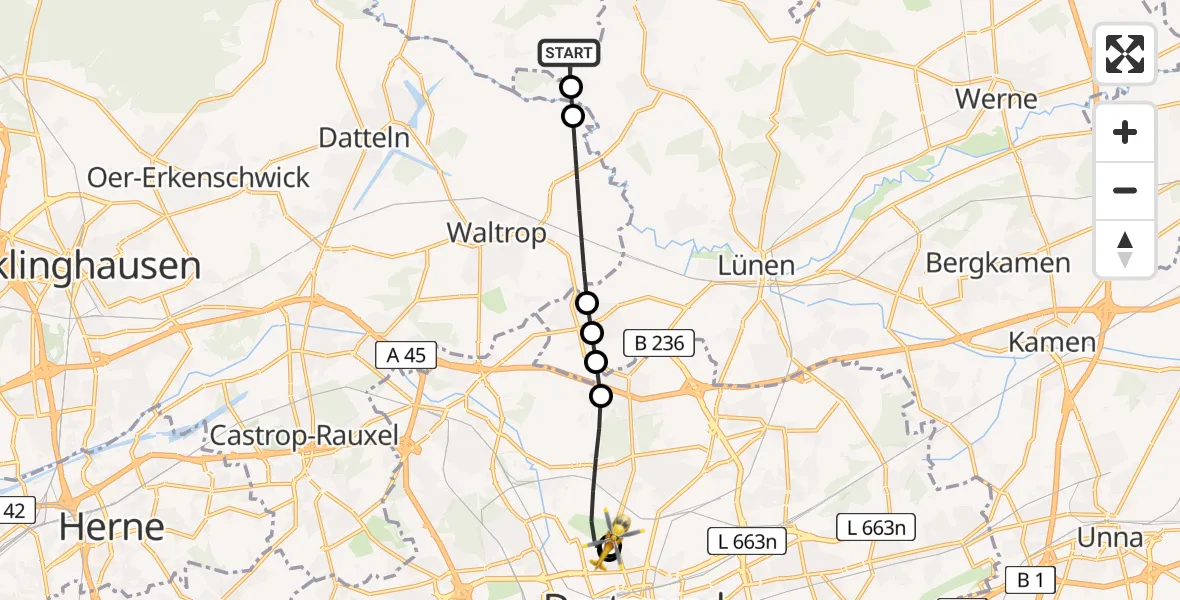 Flugroute Rettungshubschrauber Olfen - Dortmund Hospital North, 24 April 2026, 17:58