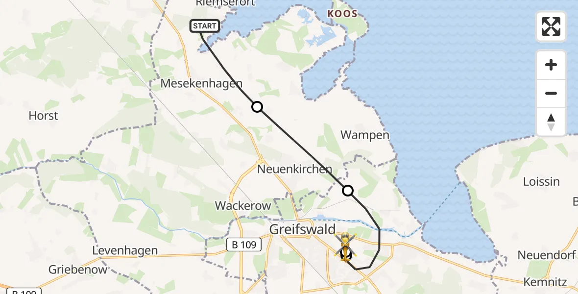 Flugroute Rettungshubschrauber Mesekenhagen - Greifswald Hospital, 24 April 2026, 17:58