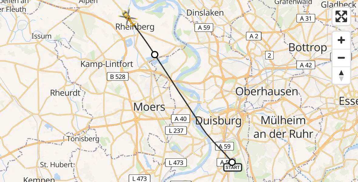 Flugroute Rettungshubschrauber Duisburg Air Rescue Hubschrauberlandeplatz (Christoph 9) - Rheinberg, 24 April 2026, 18:05