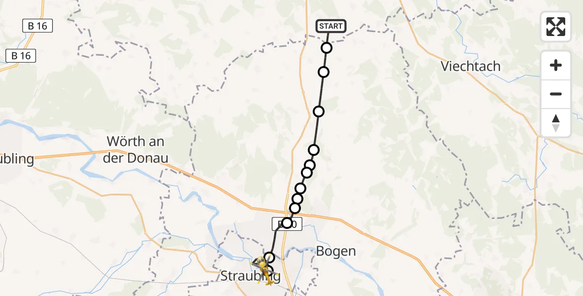 Flugroute Rettungshubschrauber Traitsching - Sankt Elisabeth Hospital Straubing, 24 April 2026, 18:07