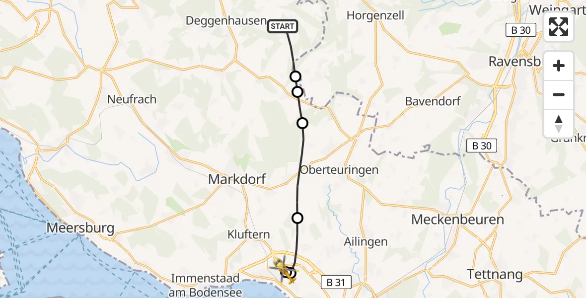 Flugroute Rettungshubschrauber Deggenhausertal - Friedrichshafen Hospital, 24 April 2026, 18:07