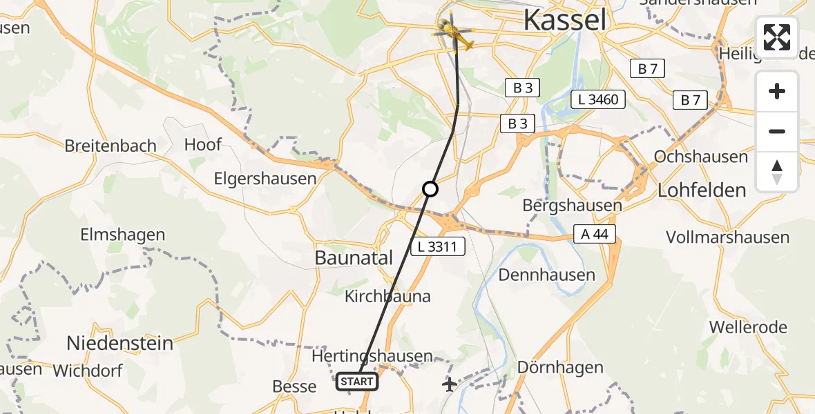 Flugroute Rettungshubschrauber Baunatal - Kassel, 24 April 2026, 18:09