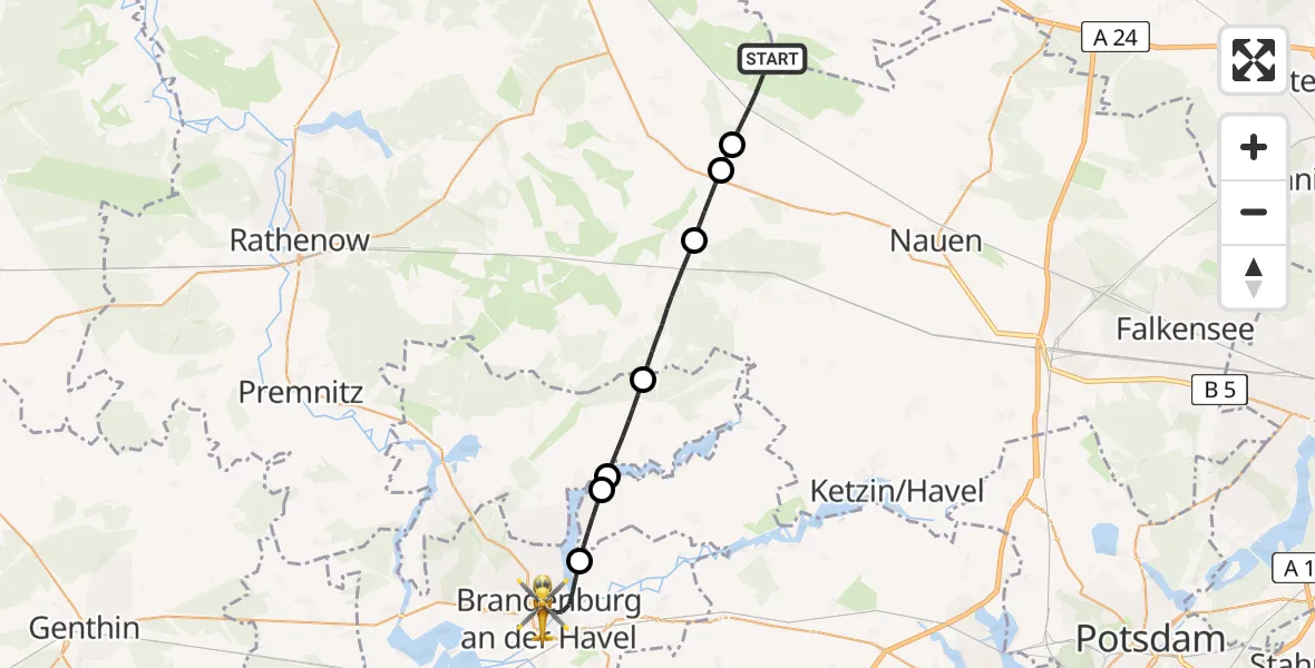 Flugroute Rettungshubschrauber Paulinenaue - Brandenburg an der Havel, 24 April 2026, 18:31