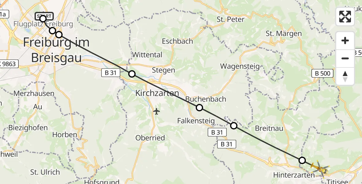 Flugroute Rettungshubschrauber Freiburg im Breisgau Flugplatz - Titisee-Neustadt, 24 April 2026, 18:30