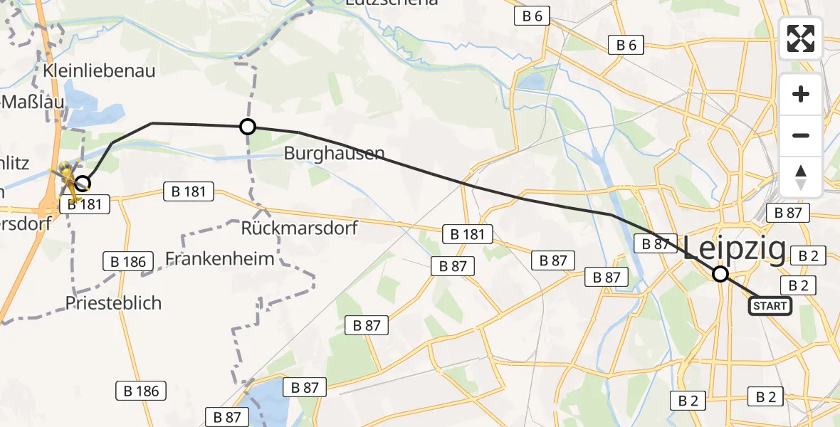 Flugroute Rettungshubschrauber Leipzig University Hospital Heliport 1 - ADAC Air Rescue Station Leipzig/Schkeuditz-Dölzig Hubschrauberlandeplatz (Christoph 61), 24 April 2026, 18:31