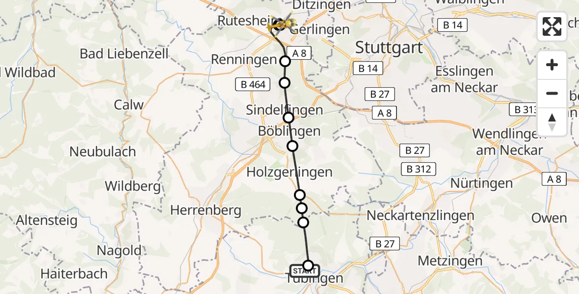 Flugroute Rettungshubschrauber Tübingen University Hospital - Leonberg Hospital, 24 April 2026, 18:45