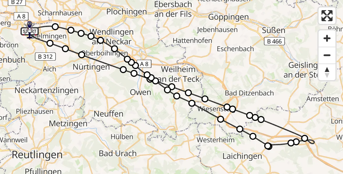 Flugroute Polizeihubschrauber Flughafen Stuttgart - Flughafen Stuttgart, 24 April 2026, 18:51
