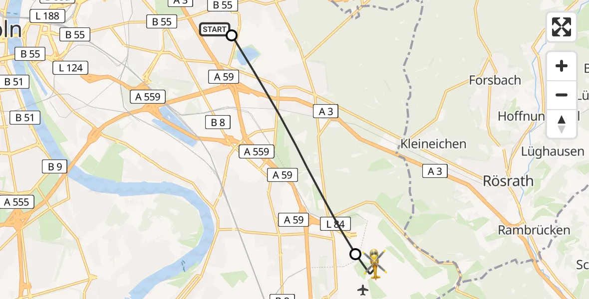 Flugroute Rettungshubschrauber Merheim Hospital - Köln Bonn Flughafen, 24 April 2026, 18:54