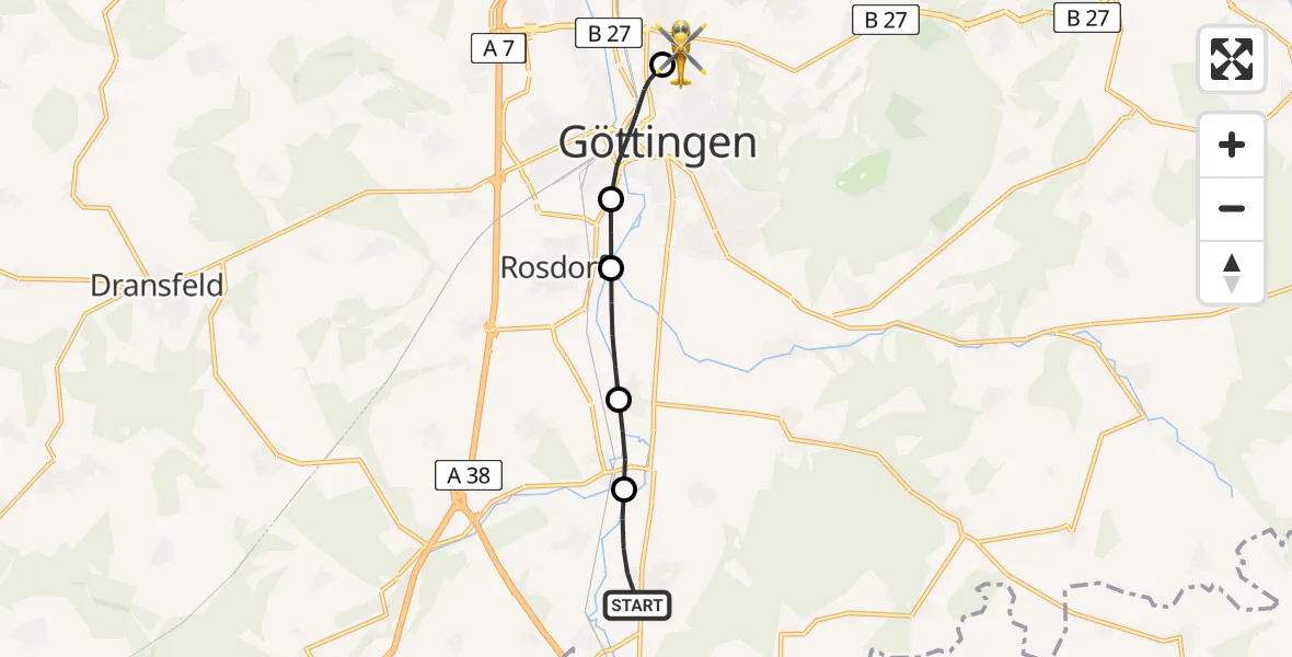 Flugroute Rettungshubschrauber Friedland - Göttingen University Clinic Hubschrauberlandeplatz, 24 April 2026, 19:00