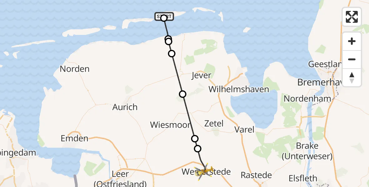 Flugroute Rettungshubschrauber Spiekeroog Notfall-Hubschrauberlandeplatz - Westerstede, 24 April 2026, 19:03