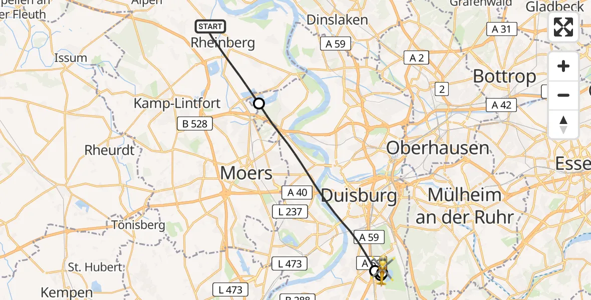 Flugroute Rettungshubschrauber Rheinberg - Duisburg Air Rescue Hubschrauberlandeplatz (Christoph 9), 24 April 2026, 19:04