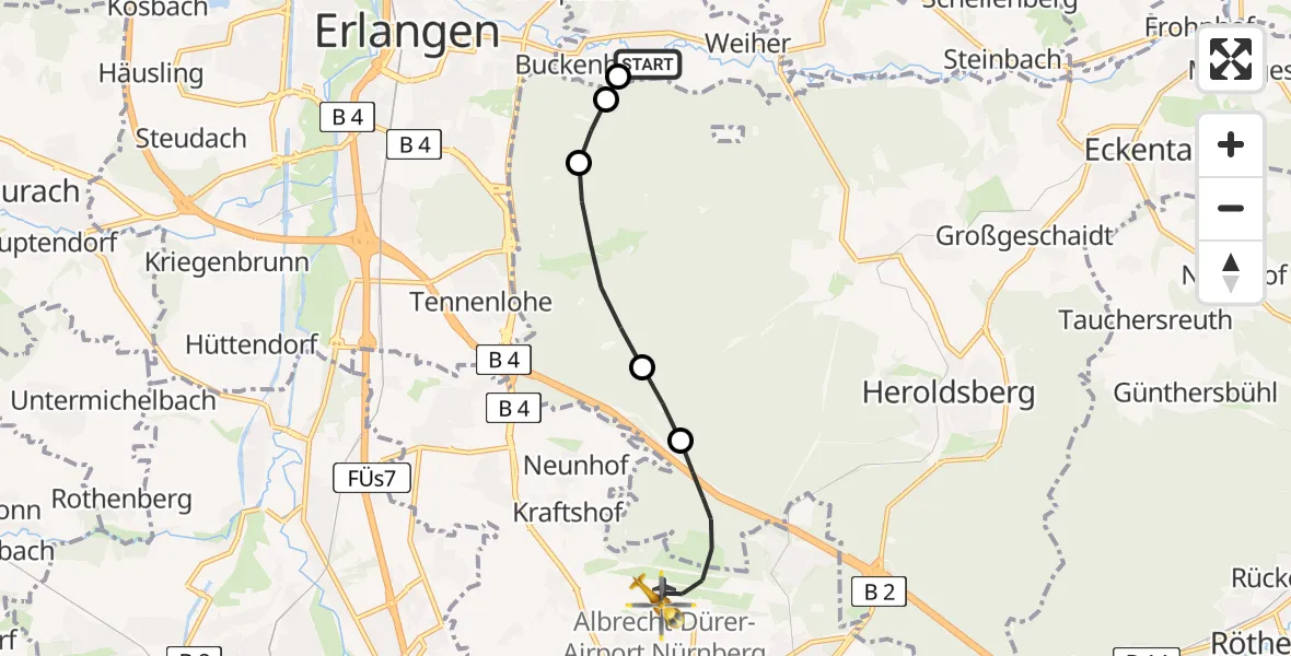 Flugroute Rettungshubschrauber Uttenreuth - Flughafen Nuremberg, 24 April 2026, 19:06