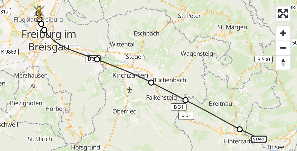Flugroute Rettungshubschrauber Titisee-Neustadt - Freiburg im Breisgau Flugplatz, 24 April 2026, 19:12
