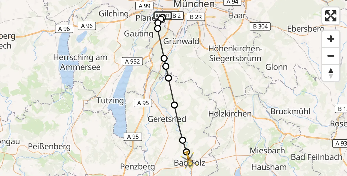 Flugroute Rettungshubschrauber DRF Air Rescue München Hubschrauberlandeplatz - Bad Tölz, 24 April 2026, 19:17