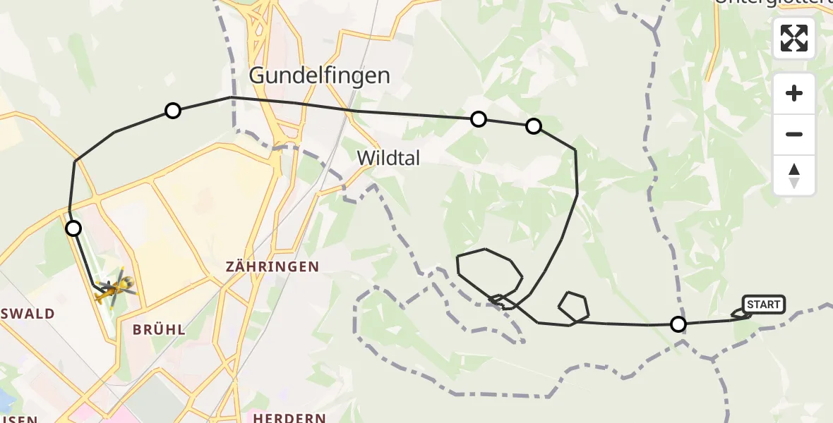 Flugroute Ambulanzhubschrauber Glottertal - Freiburg im Breisgau Flugplatz, 24 April 2026, 19:21