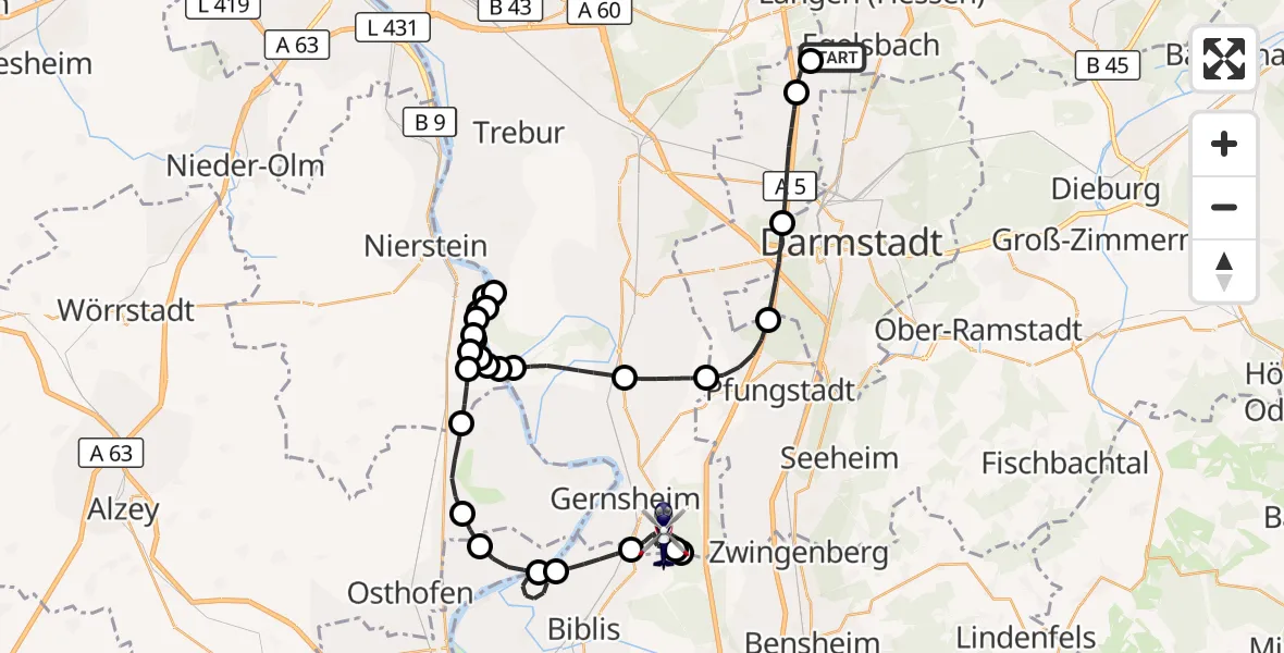 Flugroute Polizeihubschrauber Flughafen Frankfurt-Egelsbach - Gernsheim, 24 April 2026, 19:35