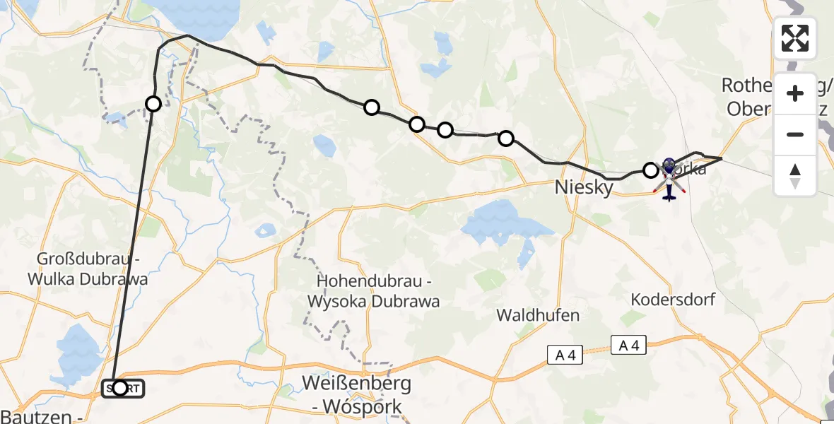 Flugroute Polizeihubschrauber Kubschütz - Horka, 24 April 2026, 19:42