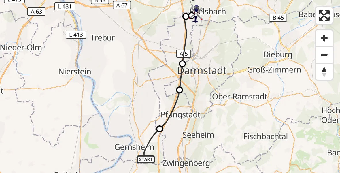 Flugroute Polizeihubschrauber Gernsheim - Flughafen Frankfurt-Egelsbach, 24 April 2026, 20:22