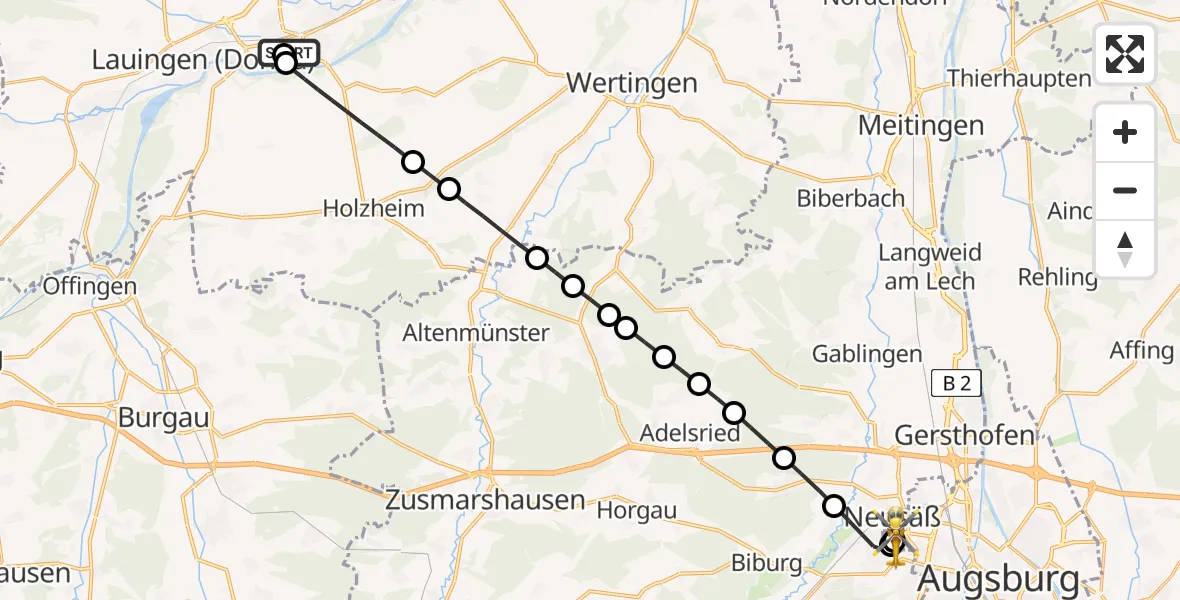Flugroute Ambulanzhubschrauber Dillingen District Hospital - Augsburg University Hospital, 24 April 2026, 21:01