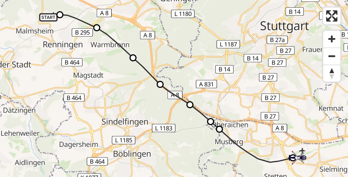Flugroute Polizeihubschrauber Malmsheim Flugplatz - Flughafen Stuttgart, 24 April 2026, 21:58