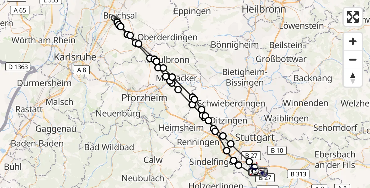 Flugroute Polizeihubschrauber Flughafen Stuttgart - Flughafen Stuttgart, 24 April 2026, 22:26