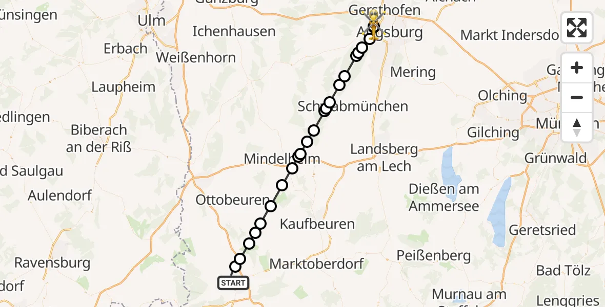 Flugroute Rettungshubschrauber Kempten (Allgäu) - Augsburg University Hospital, 24 April 2026, 22:36