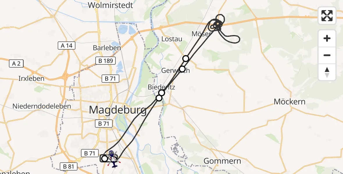Flugroute Polizeihubschrauber Magdeburg City Flugplatz - Magdeburg City Flugplatz, 24 April 2026, 23:03