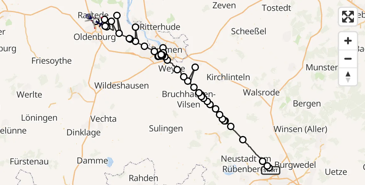 Flugroute Polizeihubschrauber Flughafen Hannover - Rastede, 25 April 2026, 01:18