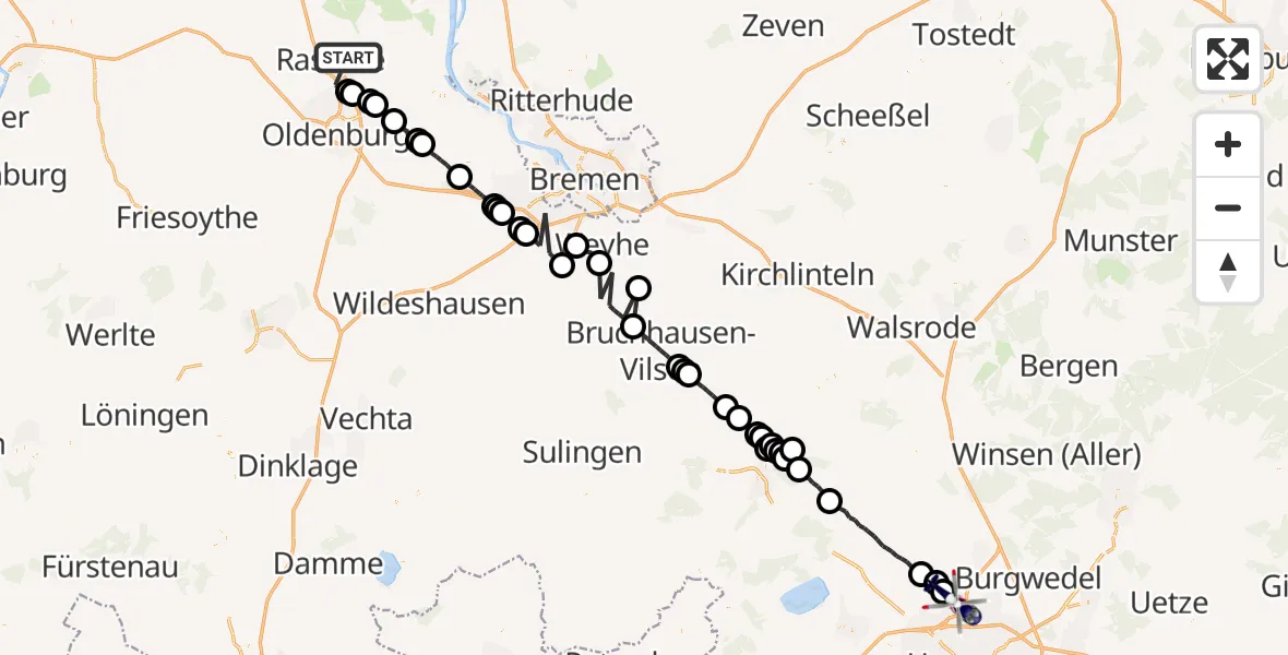 Flugroute Polizeihubschrauber Rastede - Flughafen Hannover, 25 April 2026, 03:25