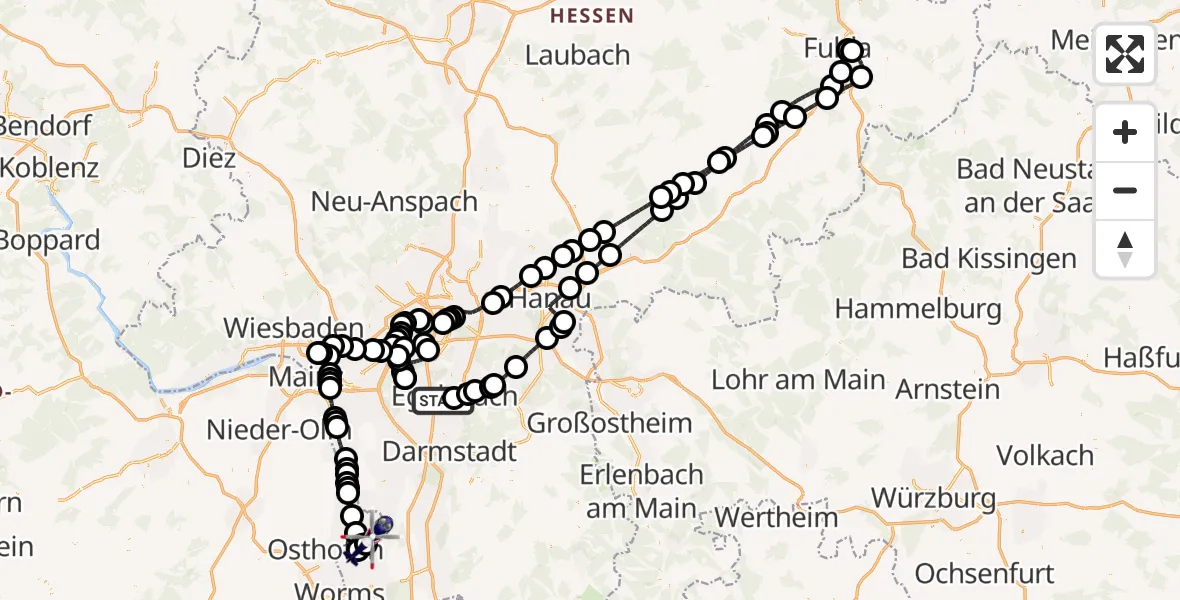 Flugroute Polizeihubschrauber Flughafen Frankfurt-Egelsbach - Groß-Rohrheim, 25 April 2026, 04:28
