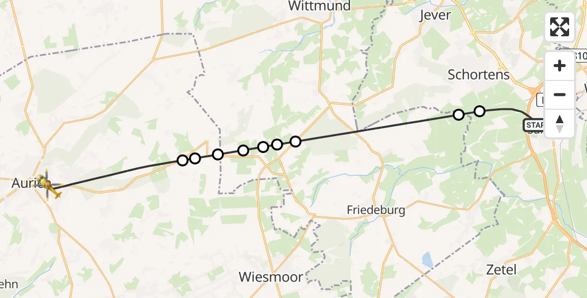 Flugroute Rettungshubschrauber Sande - Aurich, 25 April 2026, 05:00