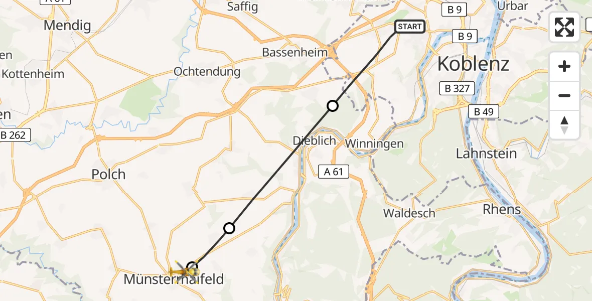 Flugroute Rettungshubschrauber Koblenz - Münstermaifeld, 25 April 2026, 05:06