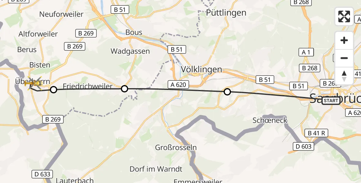 Flugroute Rettungshubschrauber Saarbrücken - Überherrn, 25 April 2026, 05:18