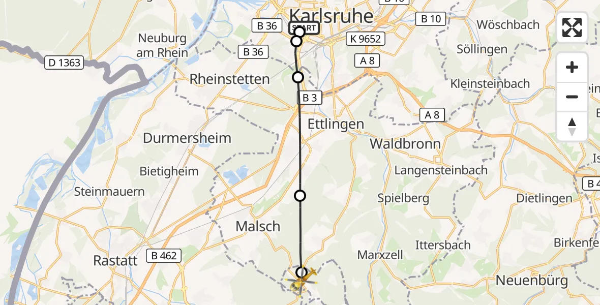 Flugroute Rettungshubschrauber Sankt Vincentius Hospital - Gaggenau, 25 April 2026, 05:25