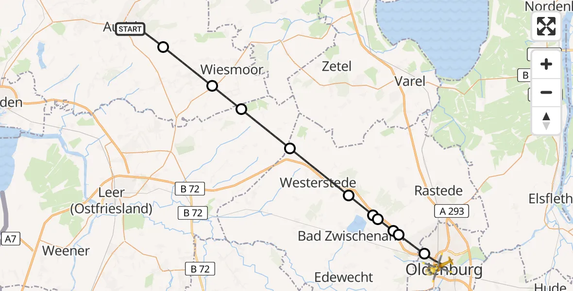 Flugroute Rettungshubschrauber Aurich - Oldenburg (Oldb), 25 April 2026, 05:32