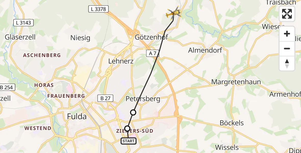 Flugroute Rettungshubschrauber Fulda Hospital - Petersberg, 25 April 2026, 05:53