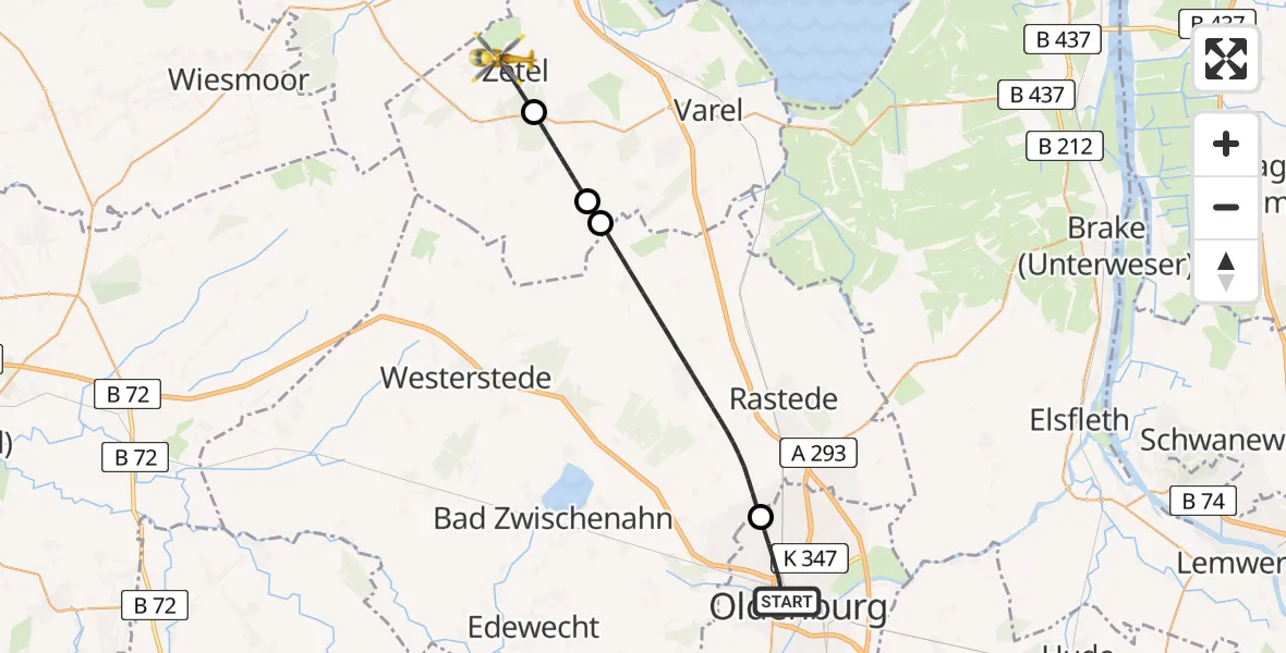 Flugroute Rettungshubschrauber Oldenburg (Oldb) - Zetel, 25 April 2026, 06:07