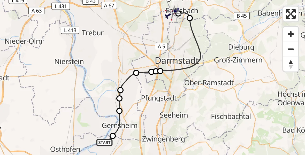 Flugroute Polizeihubschrauber Groß-Rohrheim - Flughafen Frankfurt-Egelsbach, 25 April 2026, 06:08