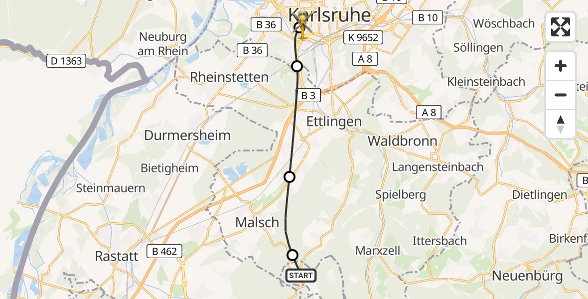 Flugroute Rettungshubschrauber Gaggenau - Sankt Vincentius Hospital, 25 April 2026, 06:08