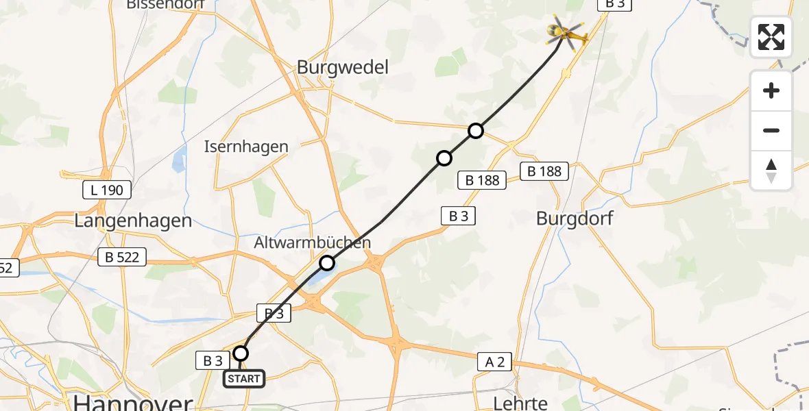Flugroute Rettungshubschrauber Hannover Luftrettung Hubschrauberlandeplatz (Christoph 4) - Burgdorf, 25 April 2026, 06:14