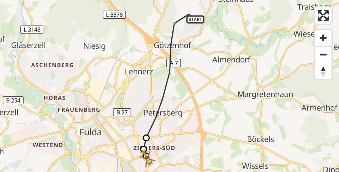 Flugroute Rettungshubschrauber Petersberg - Fulda Hospital, 25 April 2026, 06:25