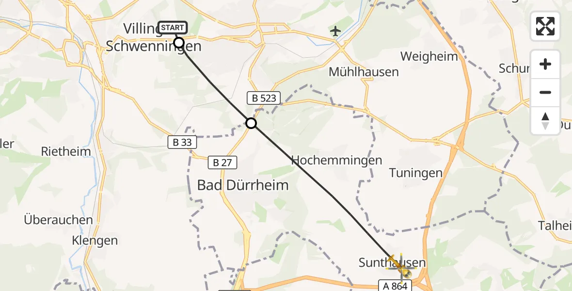Flugroute Rettungshubschrauber DRF Air Rescue Station Villingen-Schwenningen Hubschrauberlandeplatz (Christoph 11) - Bad Dürrheim, 25 April 2026, 06:26