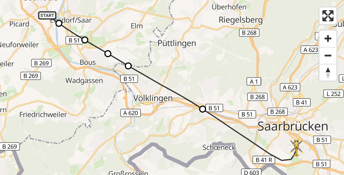 Flugroute Rettungshubschrauber Saarlouis - Saarbrücken, 25 April 2026, 06:38