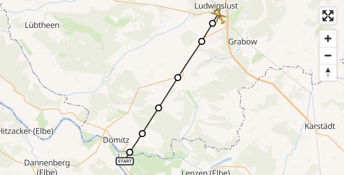 Flugroute Rettungshubschrauber Lenzerwische - Ludwigslust, 25 April 2026, 06:41