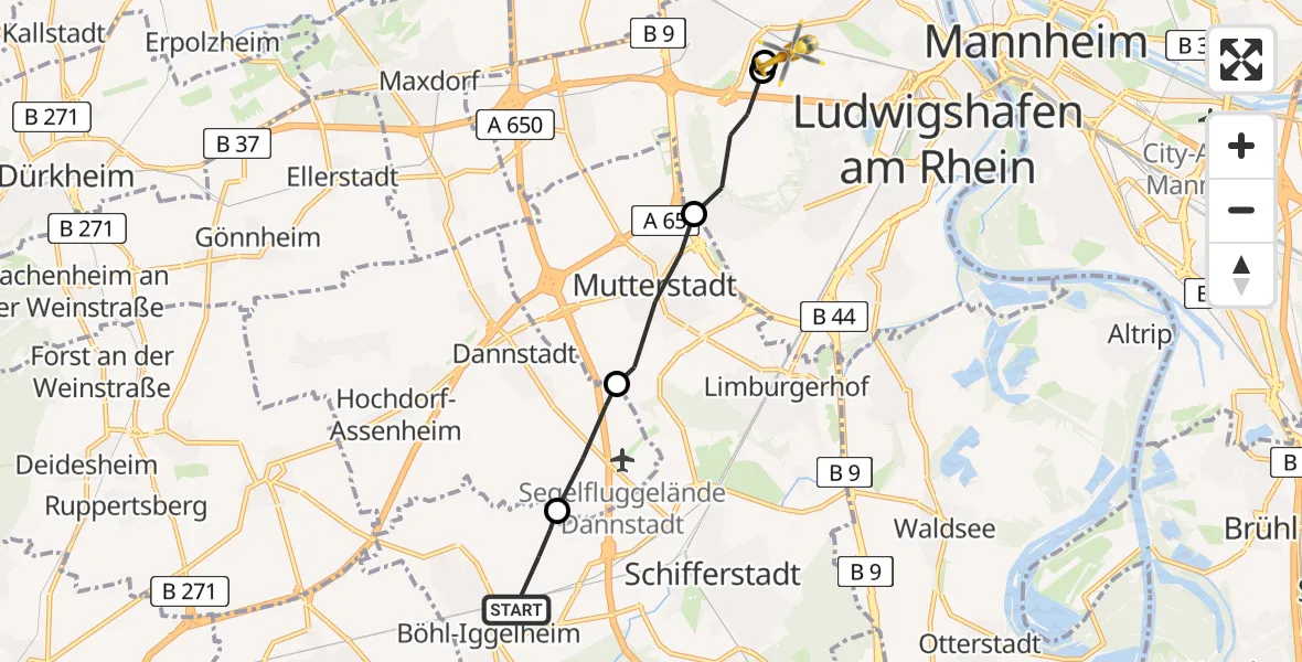 Flugroute Rettungshubschrauber Böhl-Iggelheim - Ludwigshafen Accident Hospital Hubschrauberlandeplatz, 25 April 2026, 06:43