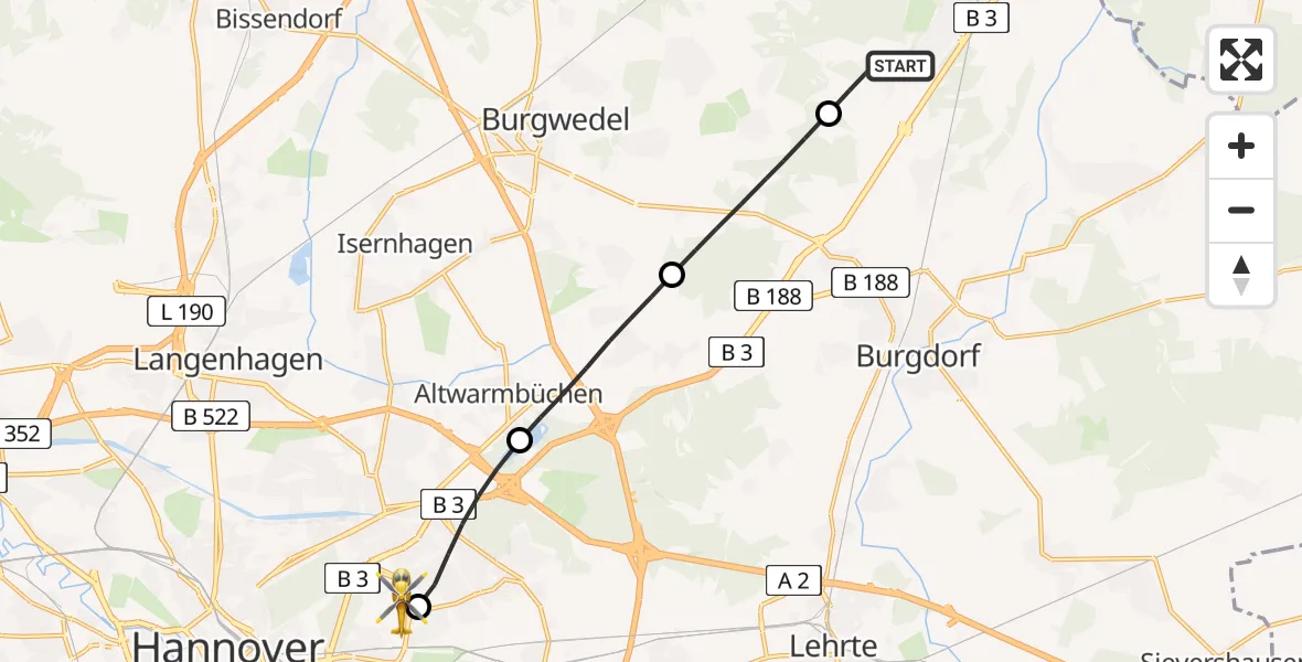 Flugroute Rettungshubschrauber Burgdorf - Hannover Luftrettung Hubschrauberlandeplatz (Christoph 4), 25 April 2026, 06:49