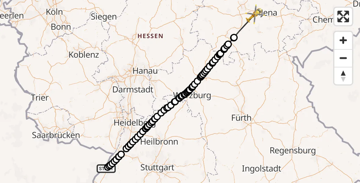 Flugroute Ambulanzhubschrauber Karlsruhe Baden-Baden Flughafen - DRF Rettungsstation Bad Berka Hubschrauberlandeplatz, 25 April 2026, 06:50