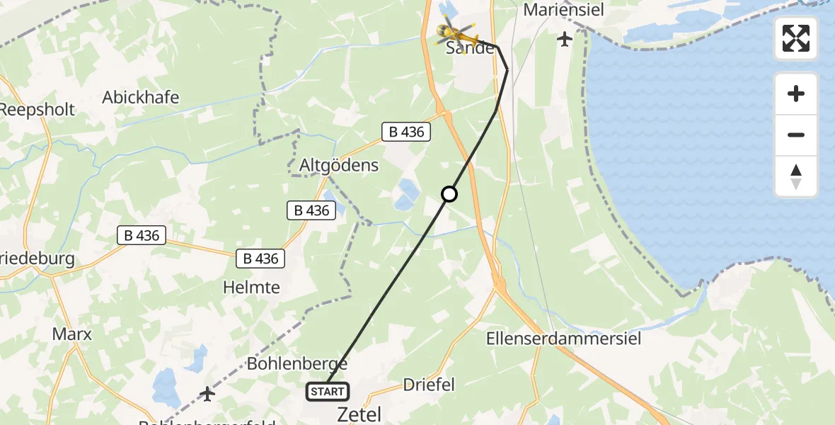 Flugroute Rettungshubschrauber Zetel - Sande, 25 April 2026, 06:51